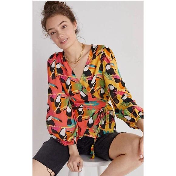 FARM Rio Tops - Farm Rio Wrap Shirt Sz Small Tropical Toucan Beaded Tassels Boho Career Casual